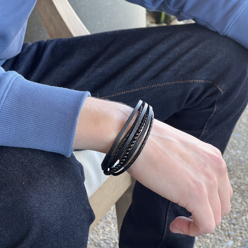 Black Leather & Onyx Ball Bracelet With Stainless Steel Clas