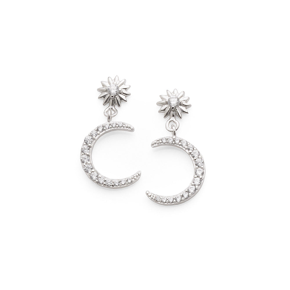 Sterling Silver Celestial Cubic Zirconia Crescent Moon Studs