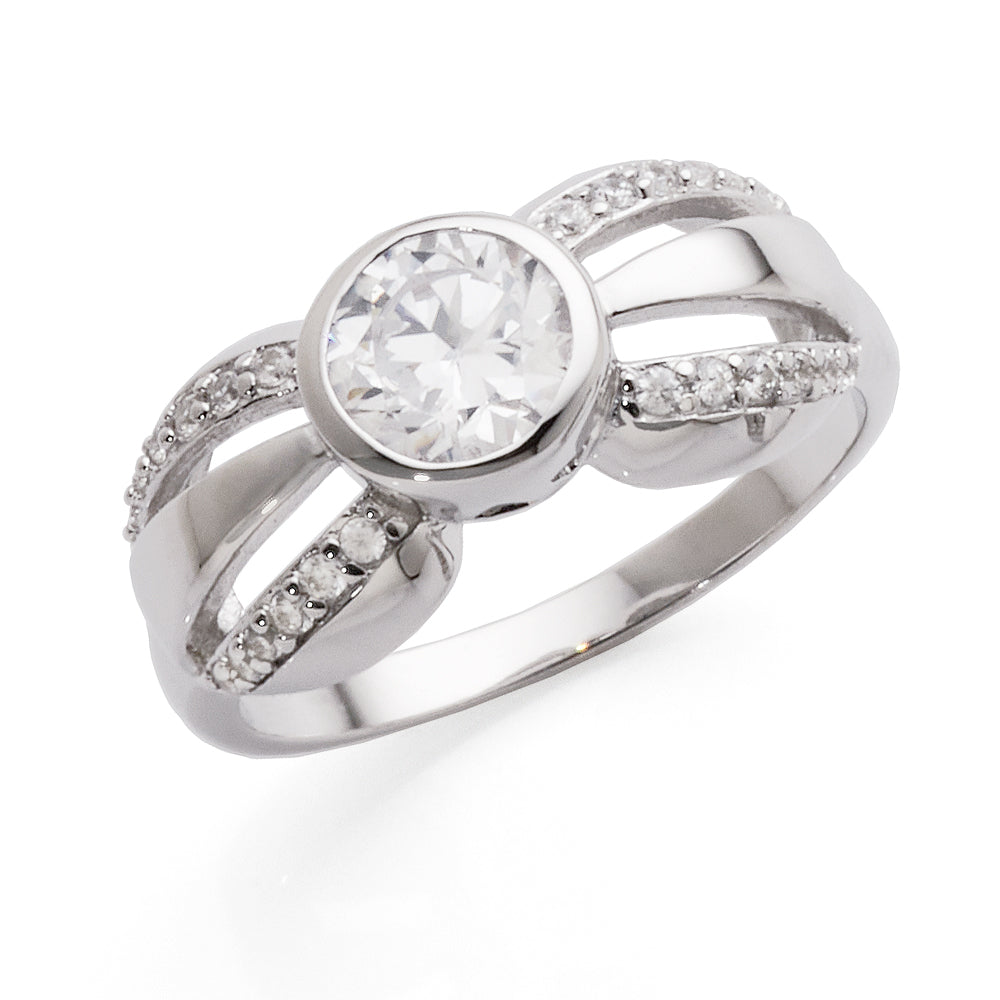 Sterling Silver Bezel Set Cubic Zirconia Split Shoulder Ring