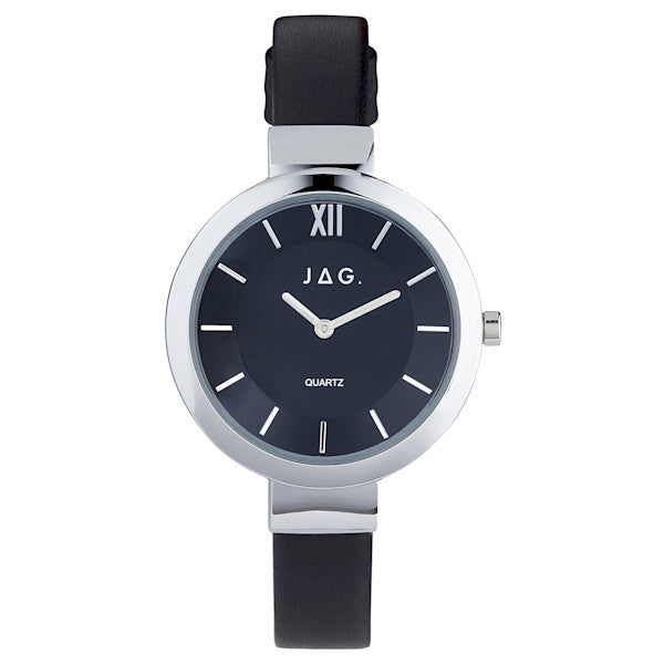 Jag 'Trixie' Stainless Steel Thin Black Leather Band Watch J