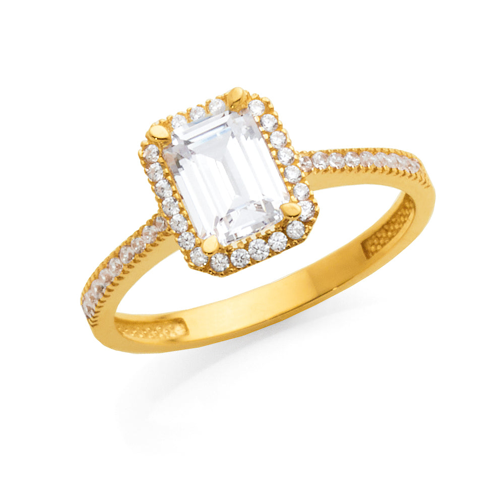 9ct Yellow Gold Emerald Cut Cubic Zirconia Halo Ring