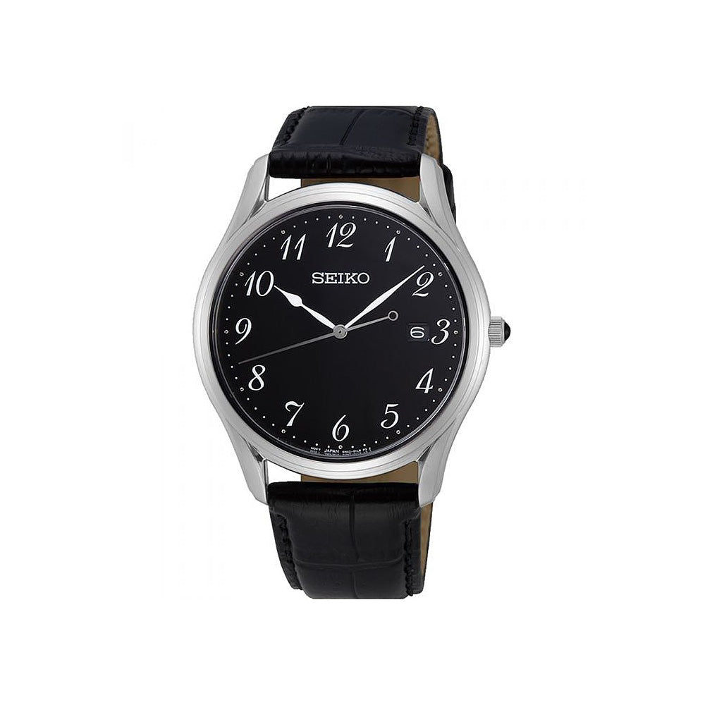 Seiko Stainless Steel Black Leather Analogue Watch SUR305P