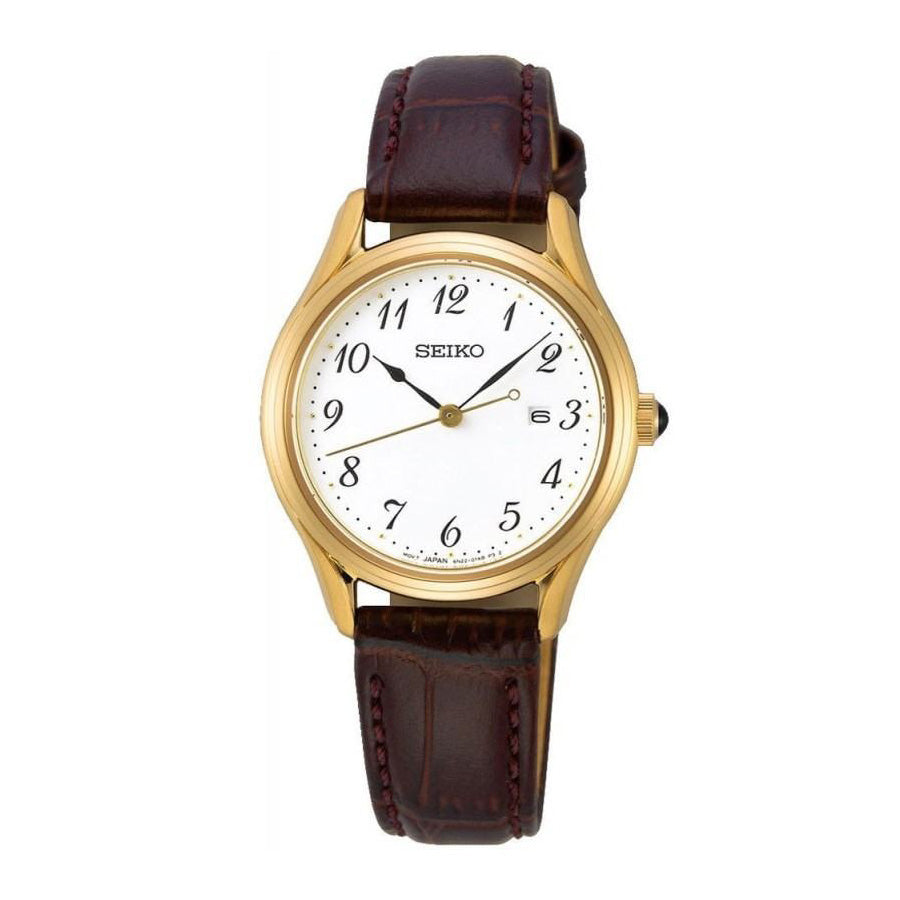 Seiko Gold Stainless Steel Brown Leather Watch SUR638P