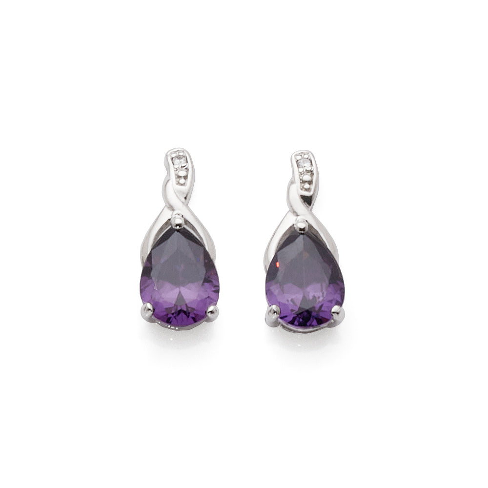 Sterling Silver Pear Shaped Purple Cubic Zirconia Drop Studs