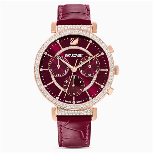 Swarovski Passage Chrono Rose Tone Red Leather Crystal Watch