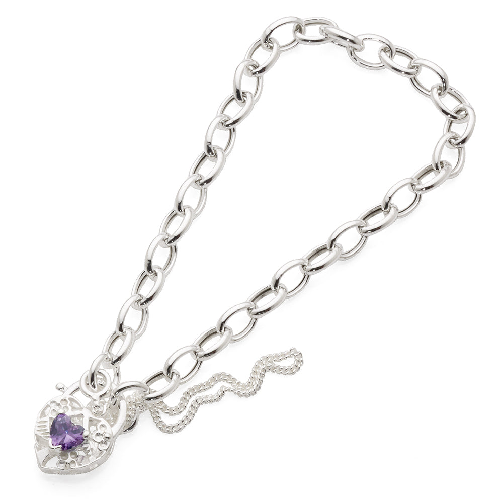 Sterling Silver Purple Cubic Zirconia Filigree Heart Padlock