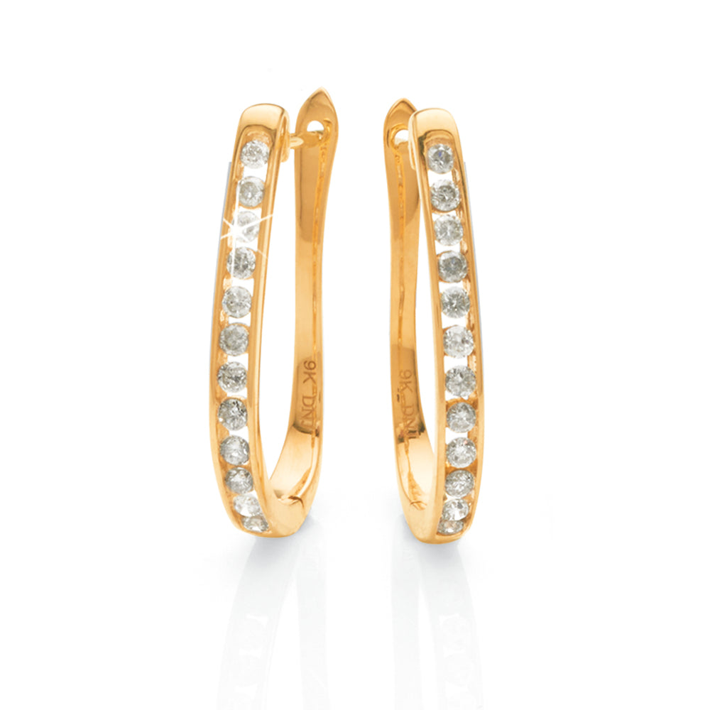 9ct Yellow Gold Channel Set Diamond Leverback 15x11mm Hoops