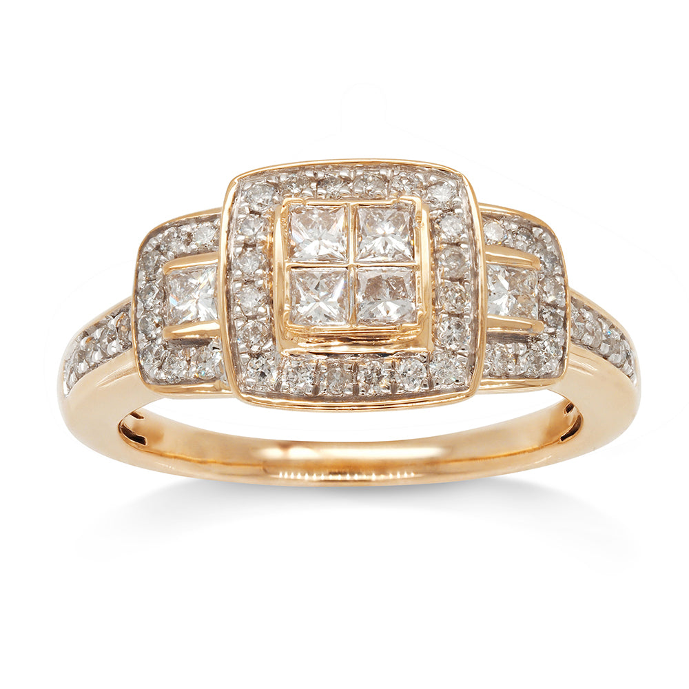 14ct Yellow Gold Princess Cut Diamond Cluster Halo Ring TDW