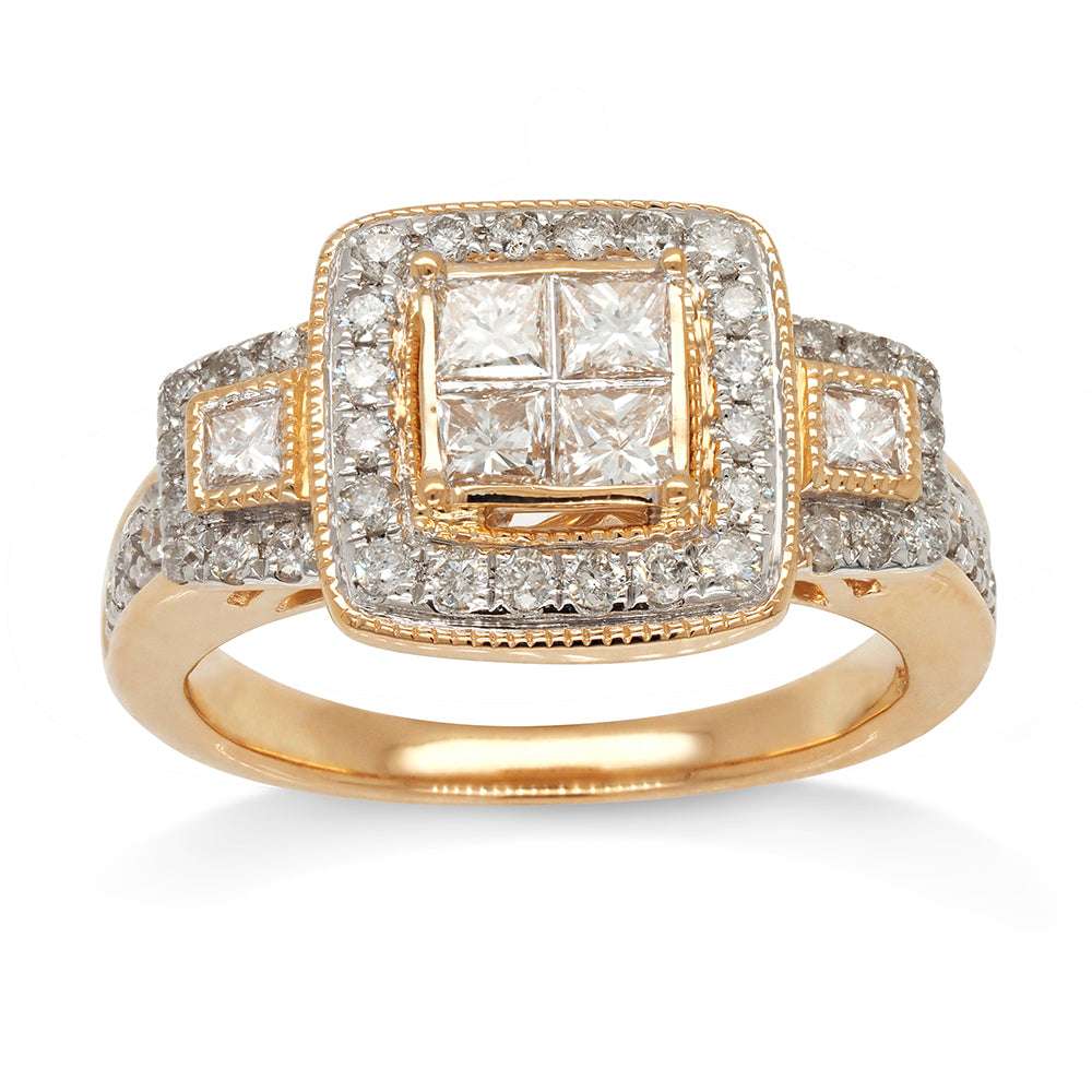 14ct Yellow Gold Princess Cut Diamond Cluster Halo Ring TDW