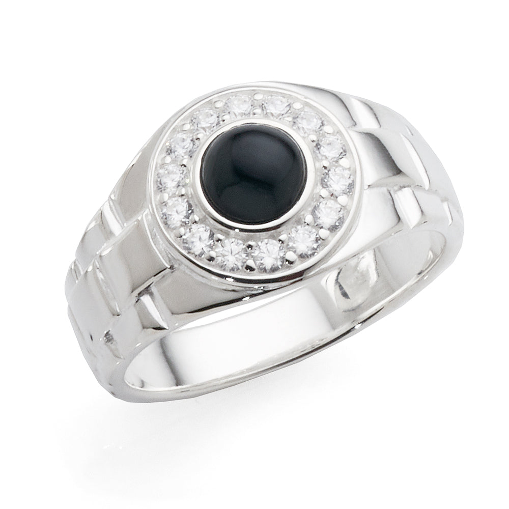 Sterling Silver Domed Black Agate & Cubic Zirconia Ring