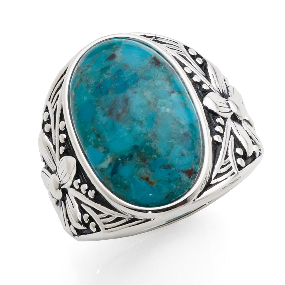 Sterling Silver Oval Turquoise Ring with Embossed Flower Des