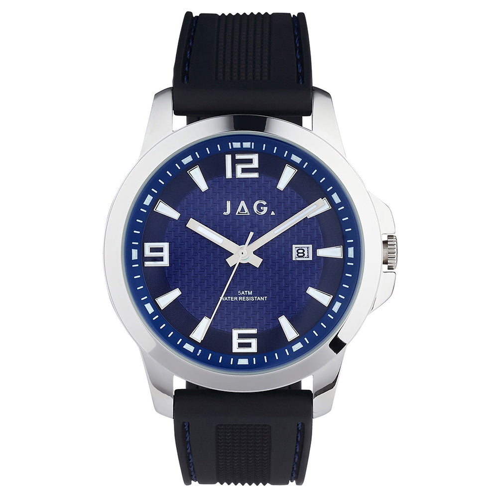 Jag 'Frank' Stainless Steel Black Silicone Band Blue Dial Wa