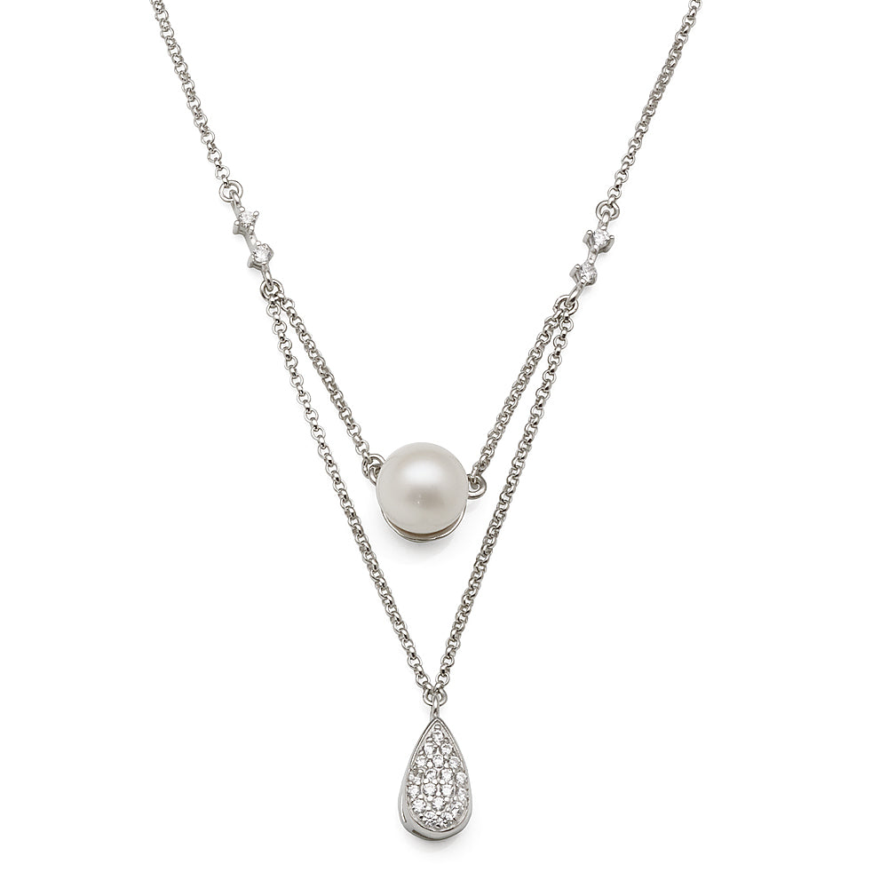 Sterling Silver 41+5cm Pearl & Cubic Zirconia Necklet