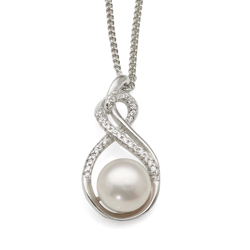 Sterling Silver 9mm White Pearl & Cubic Zirconia Figure-8 Pe