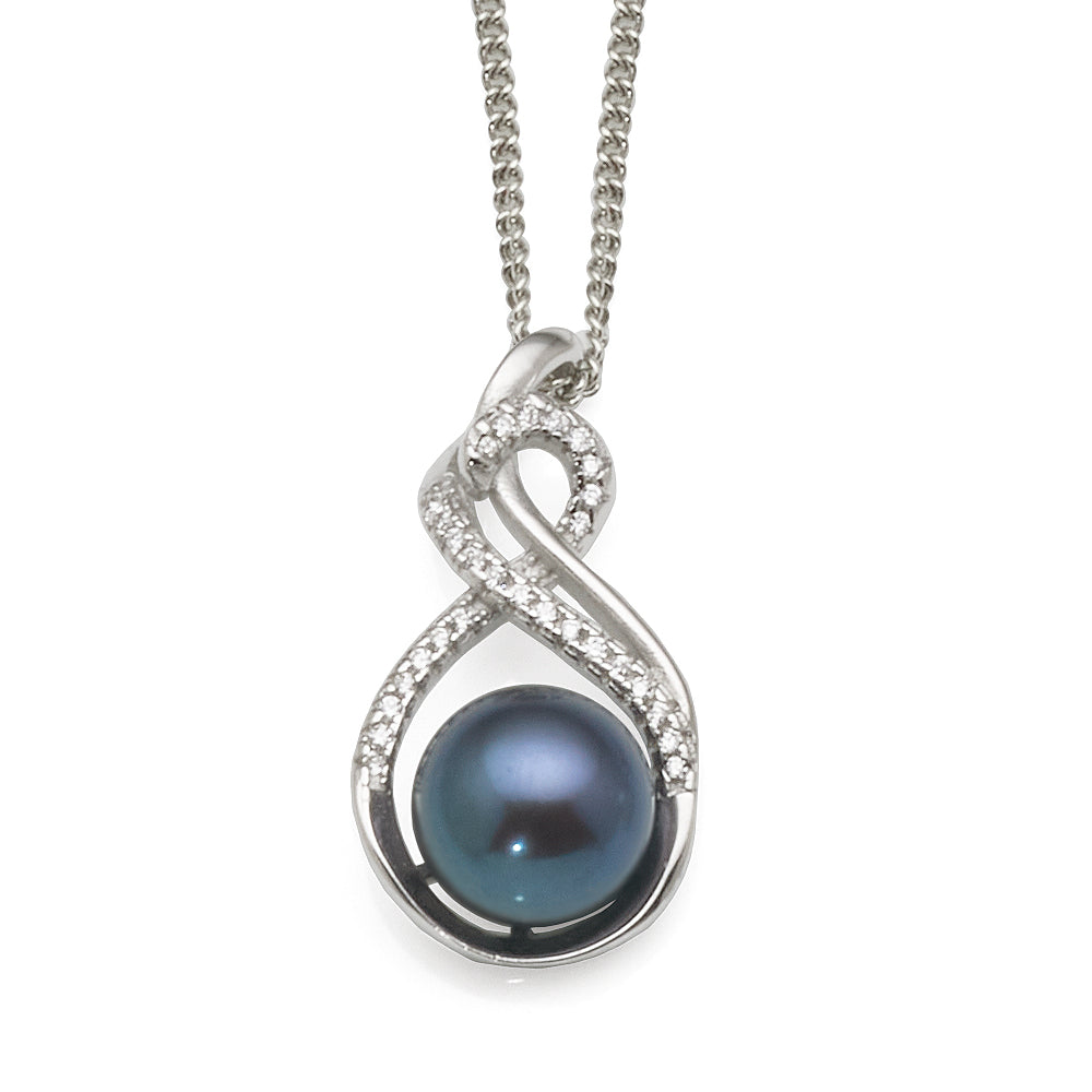 Sterling Silver 9mm Black Pearl & Cubic Zirconia Pendant