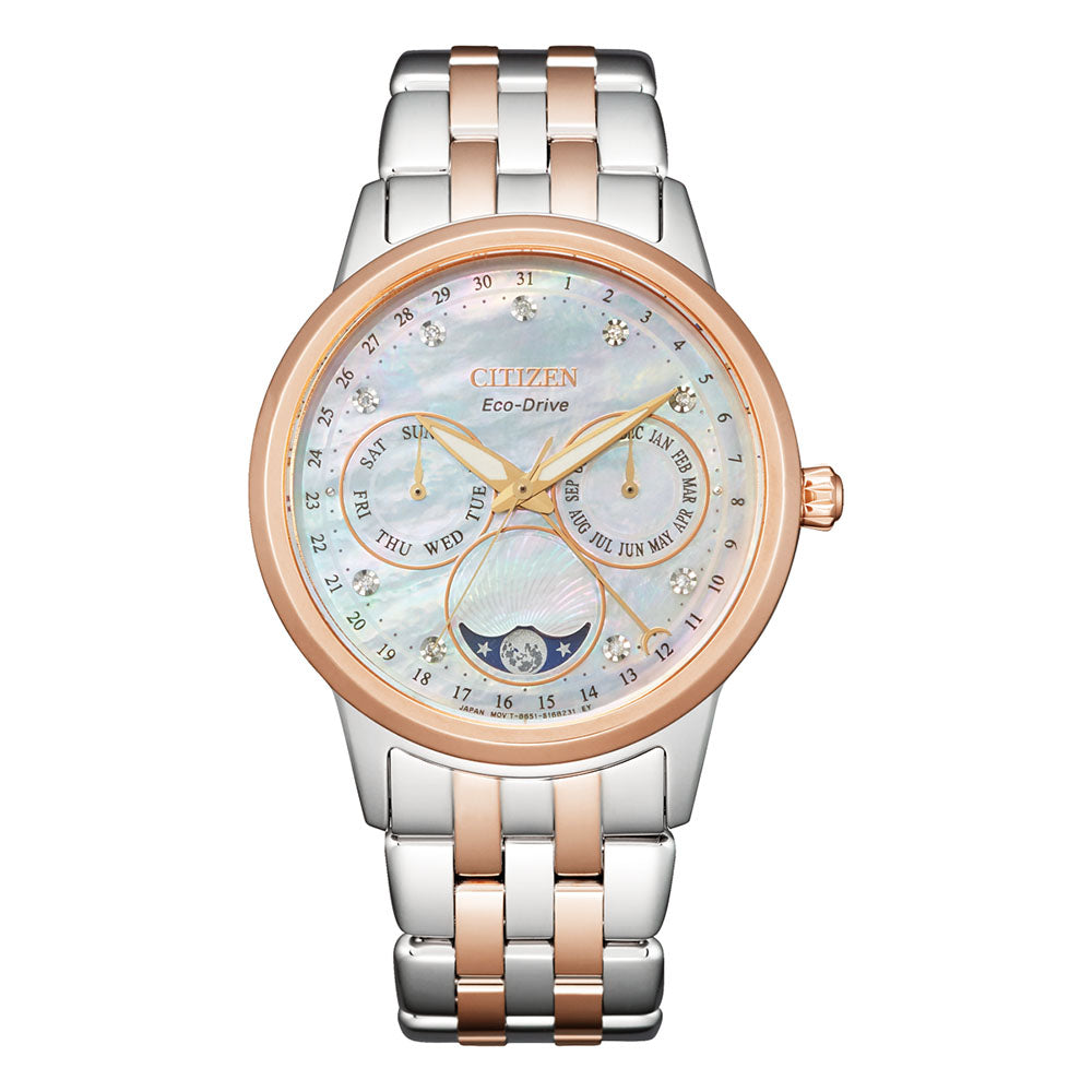 Citizen Eco-Drive 2-Tone Rose Moon Phase Crystal Watch FD000