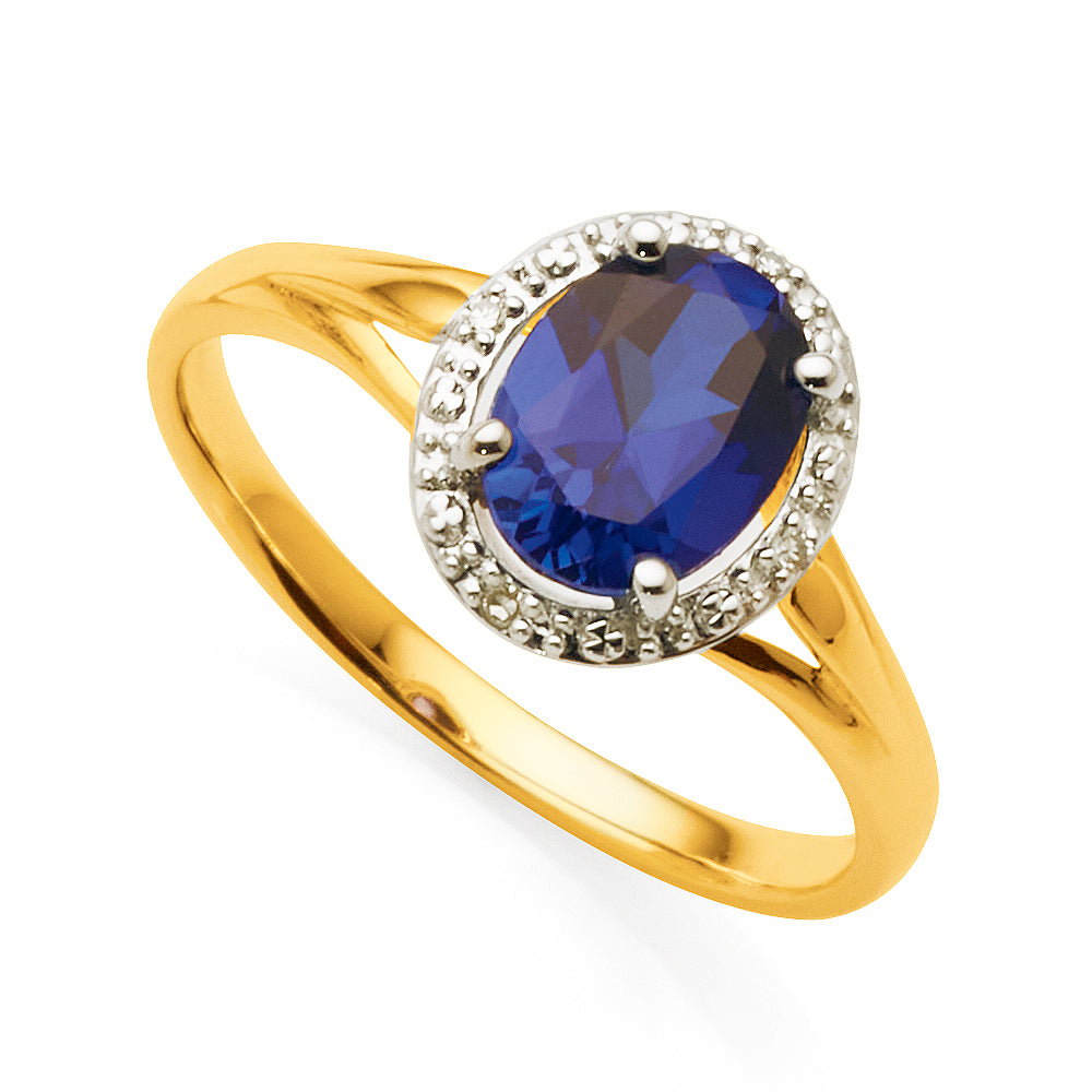 9ct Gold Created Sapphire & Halo Diamond Dress Ring