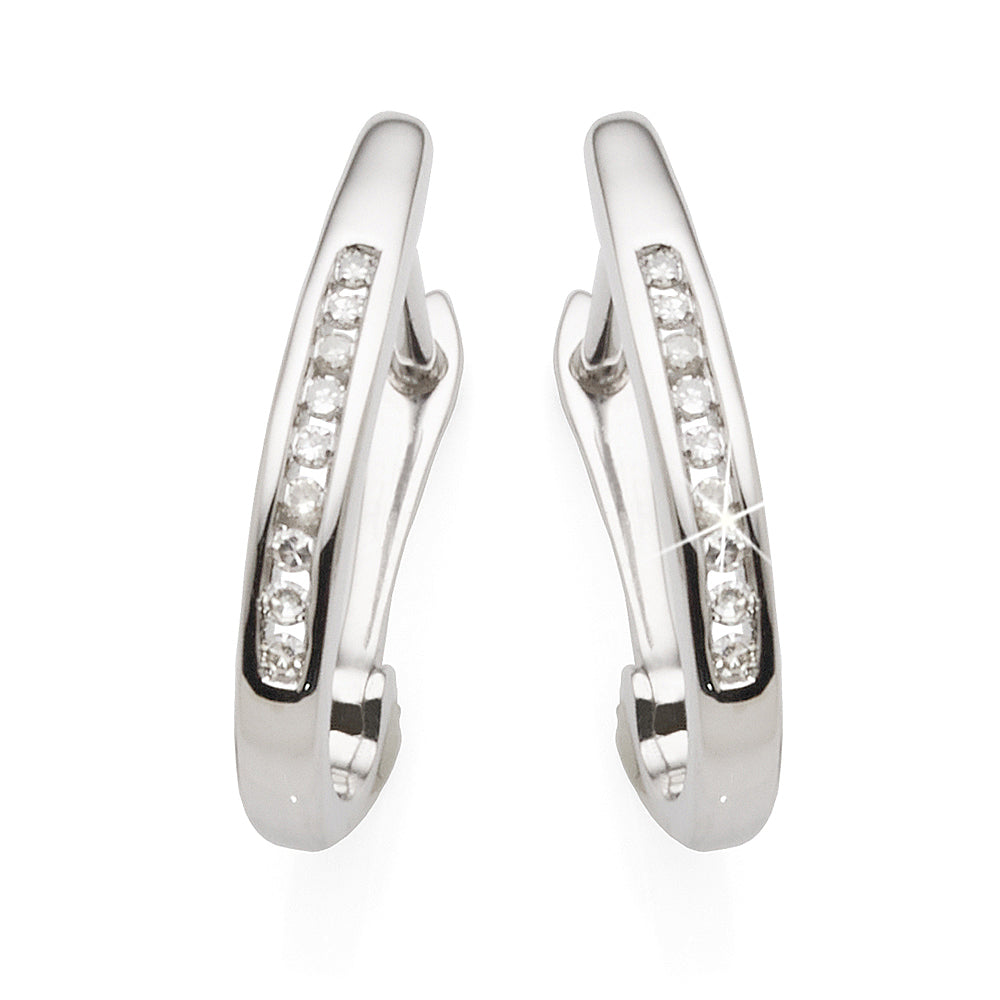9ct White Gold Diamond 8mm Oval Hinged Hoop Earrings TDW 0.1