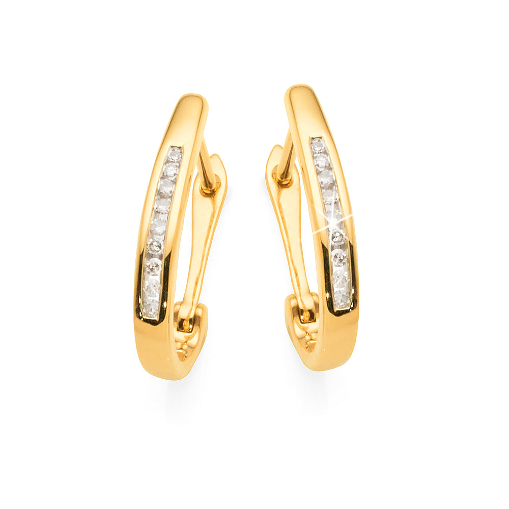 9ct Yellow Gold 8mm Channel Set Diamond Leverback Hoops