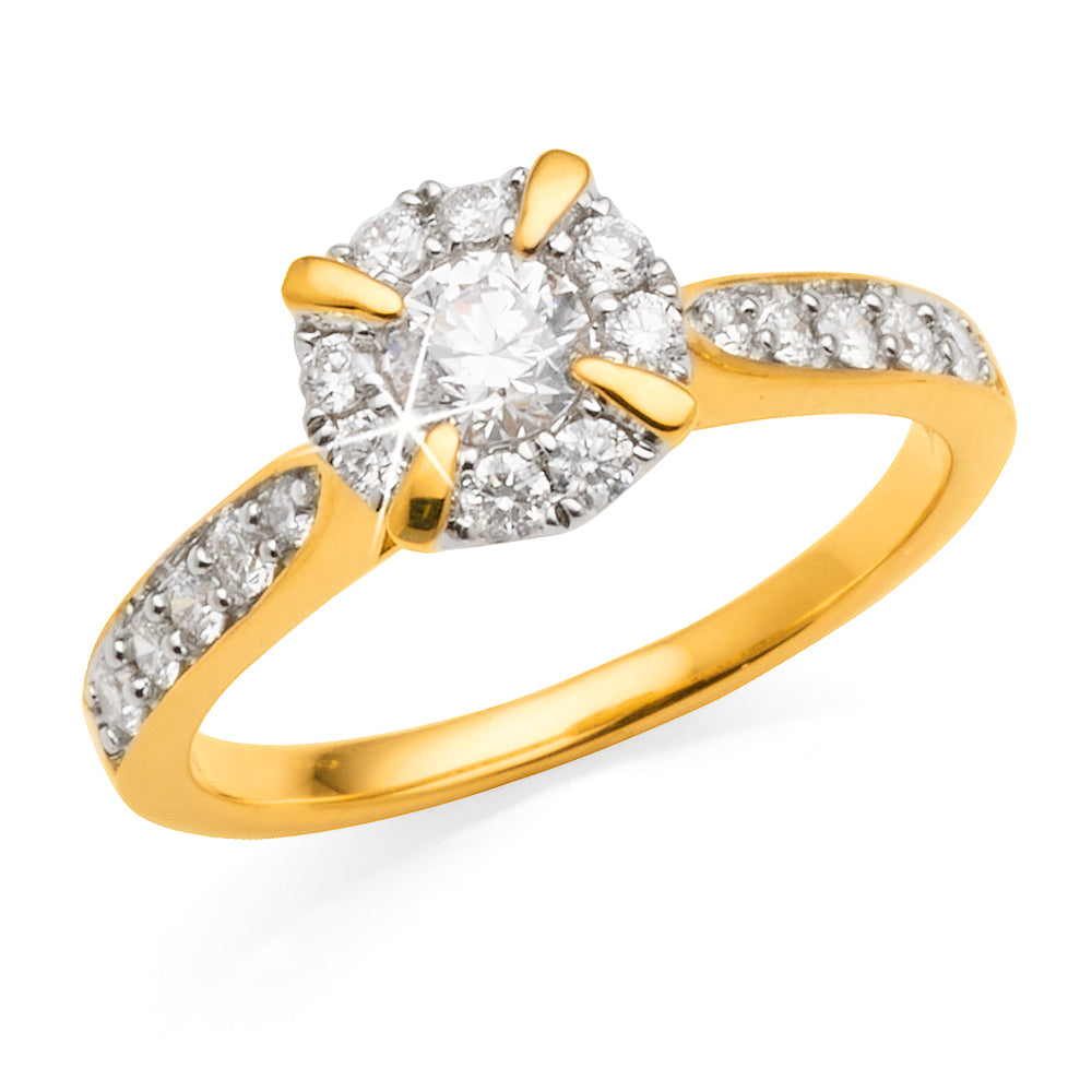 9ct Yellow Gold Diamond Halo Ring TDW 0.75CT