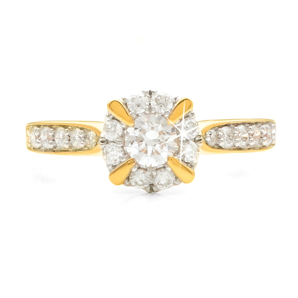 9ct Yellow Gold Diamond Halo Ring TDW 0.75CT