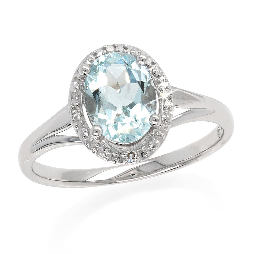 9ct White Gold Oval Aquamarine & Diamond Halo Ring