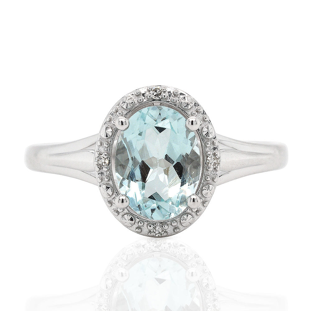 9ct White Gold Oval Aquamarine & Diamond Halo Ring