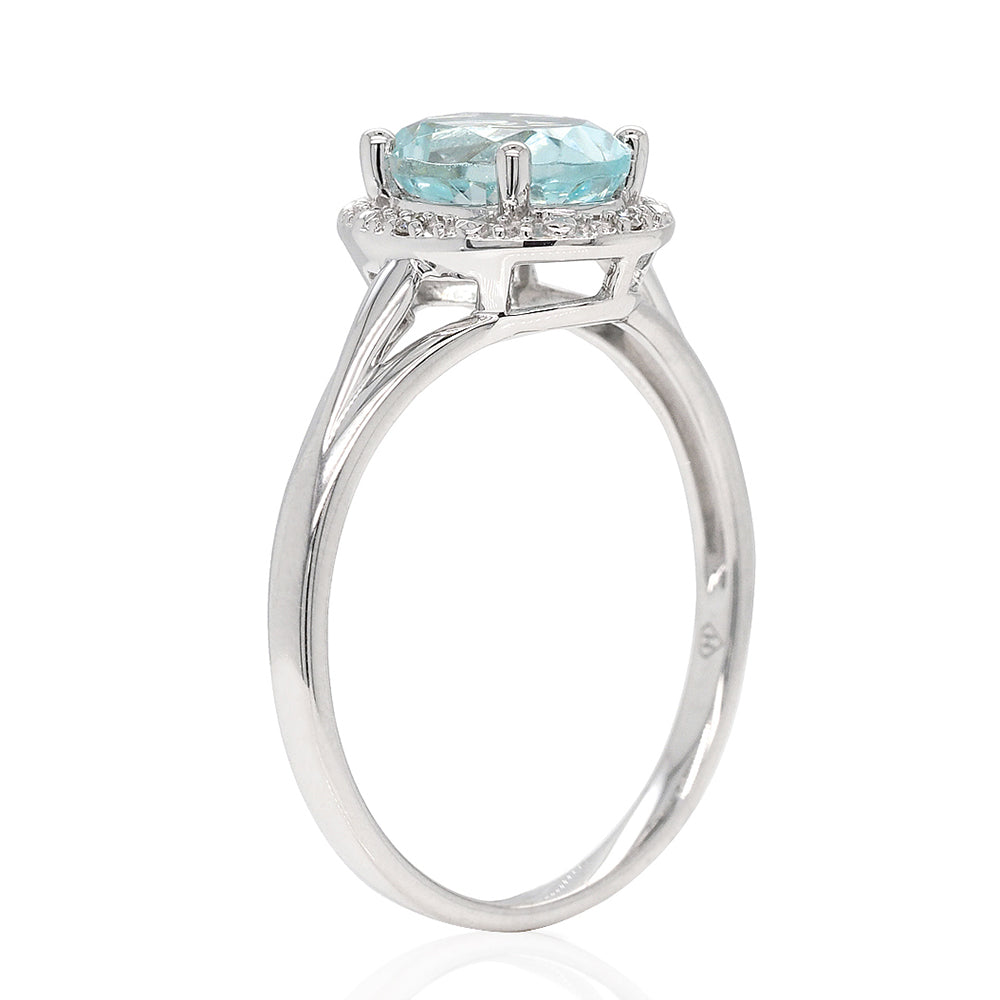 9ct White Gold Oval Aquamarine & Diamond Halo Ring