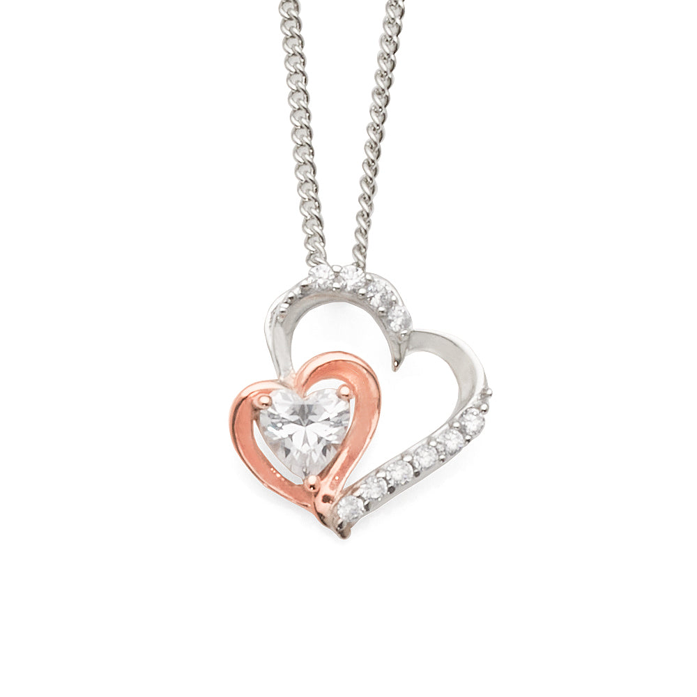 Sterling Silver & Rose-Tone Cubic Zirconia Double Heart Pend