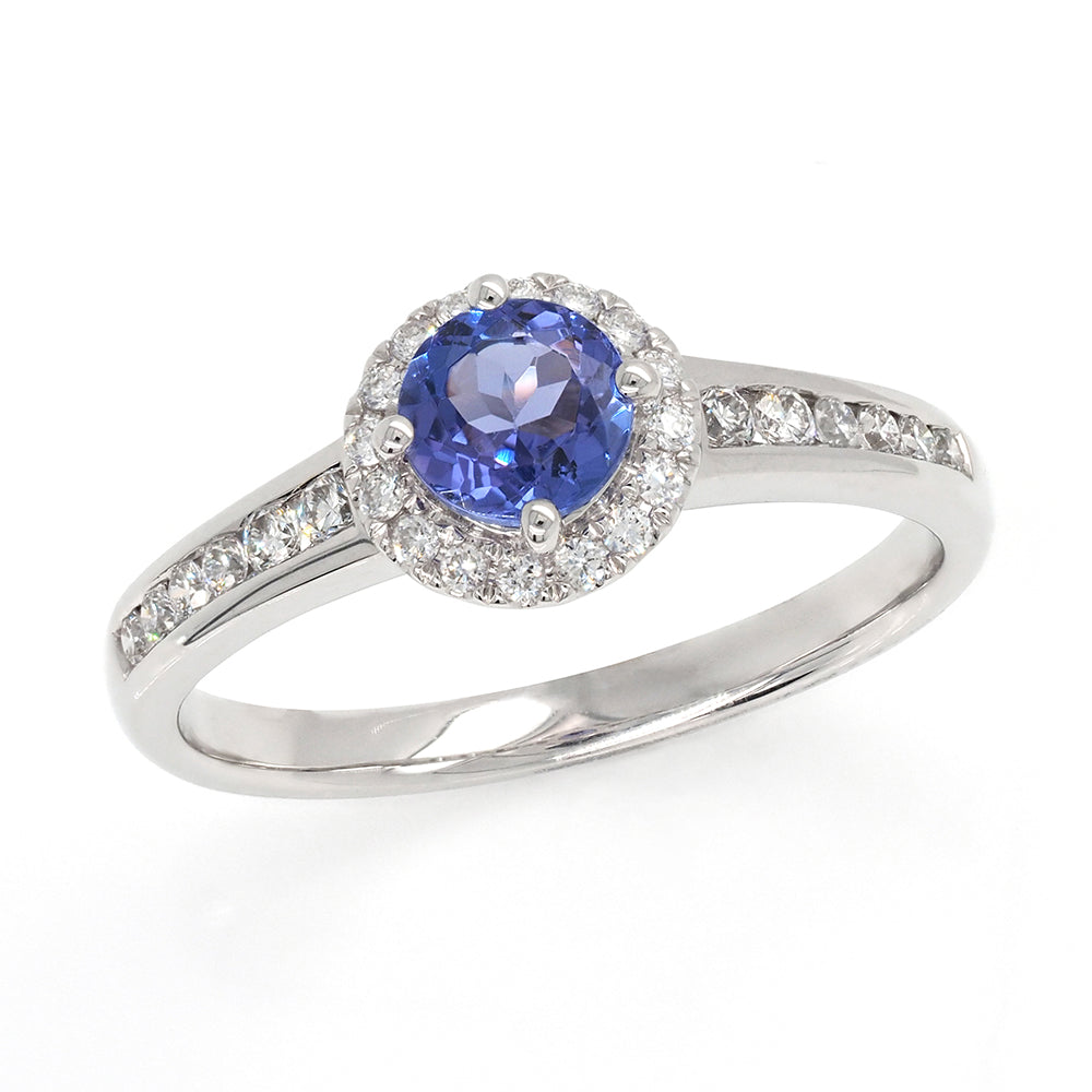 18ct White Gold Round Tanzanite Halo Ring Channel Set Should