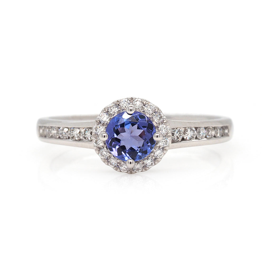 18ct White Gold Round Tanzanite Halo Ring Channel Set Should