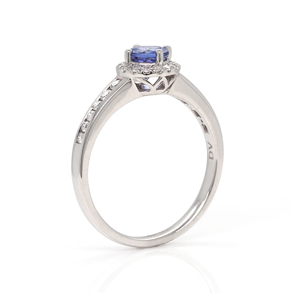 18ct White Gold Round Tanzanite Halo Ring Channel Set Should