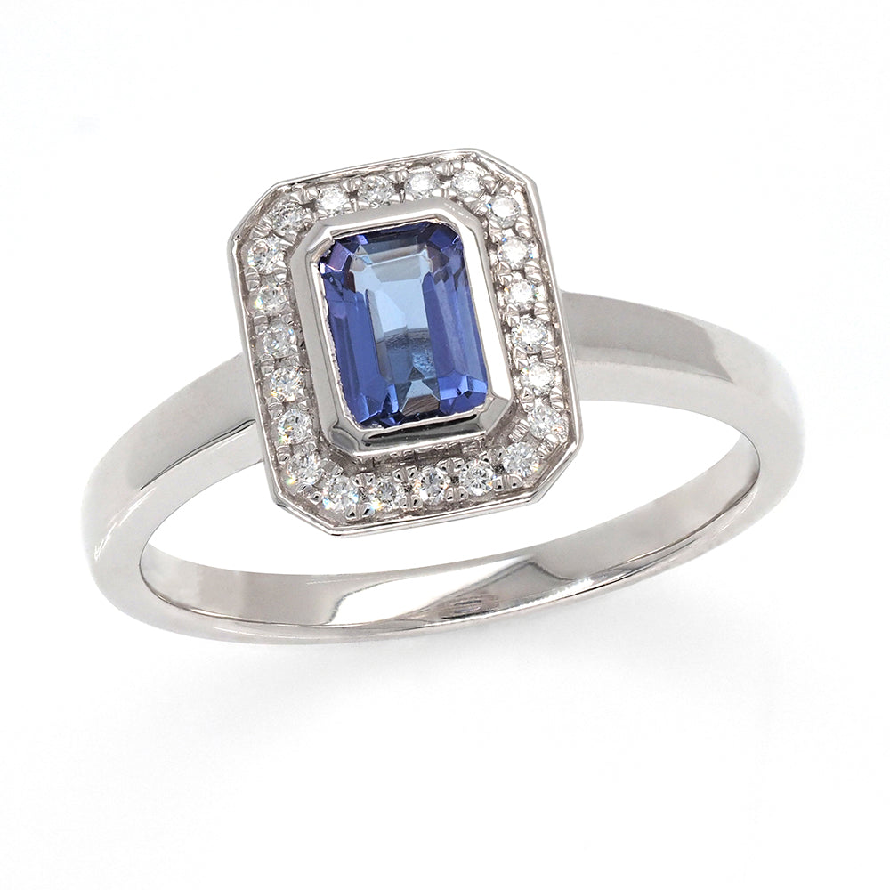 18ct White Gold Emerald Cut Tanzanite and Diamond Ring