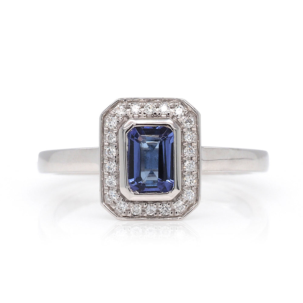 18ct White Gold Emerald Cut Tanzanite and Diamond Ring