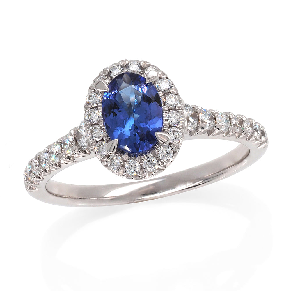 18ct White Gold Oval Tanzanite Ring With Diamond Halo And Sh