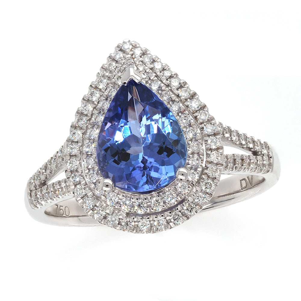 18ct White Gold Pear Tanzanite Ring with Diamond Double Halo