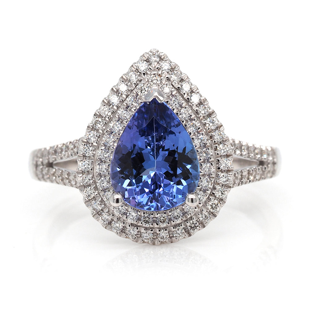 18ct White Gold Pear Tanzanite Ring with Diamond Double Halo