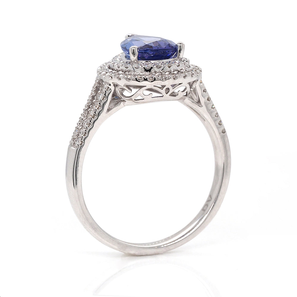 18ct White Gold Pear Tanzanite Ring with Diamond Double Halo