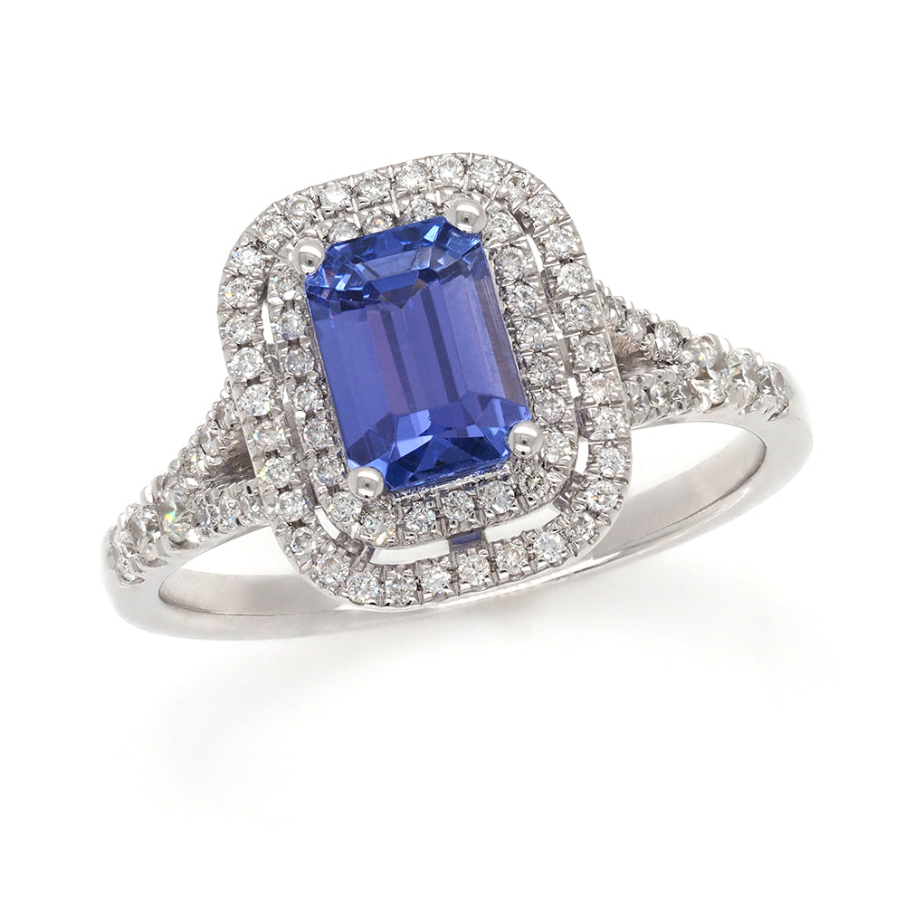 18ct White Gold Emerald Cut Tanzanite with Diamond Double Ha