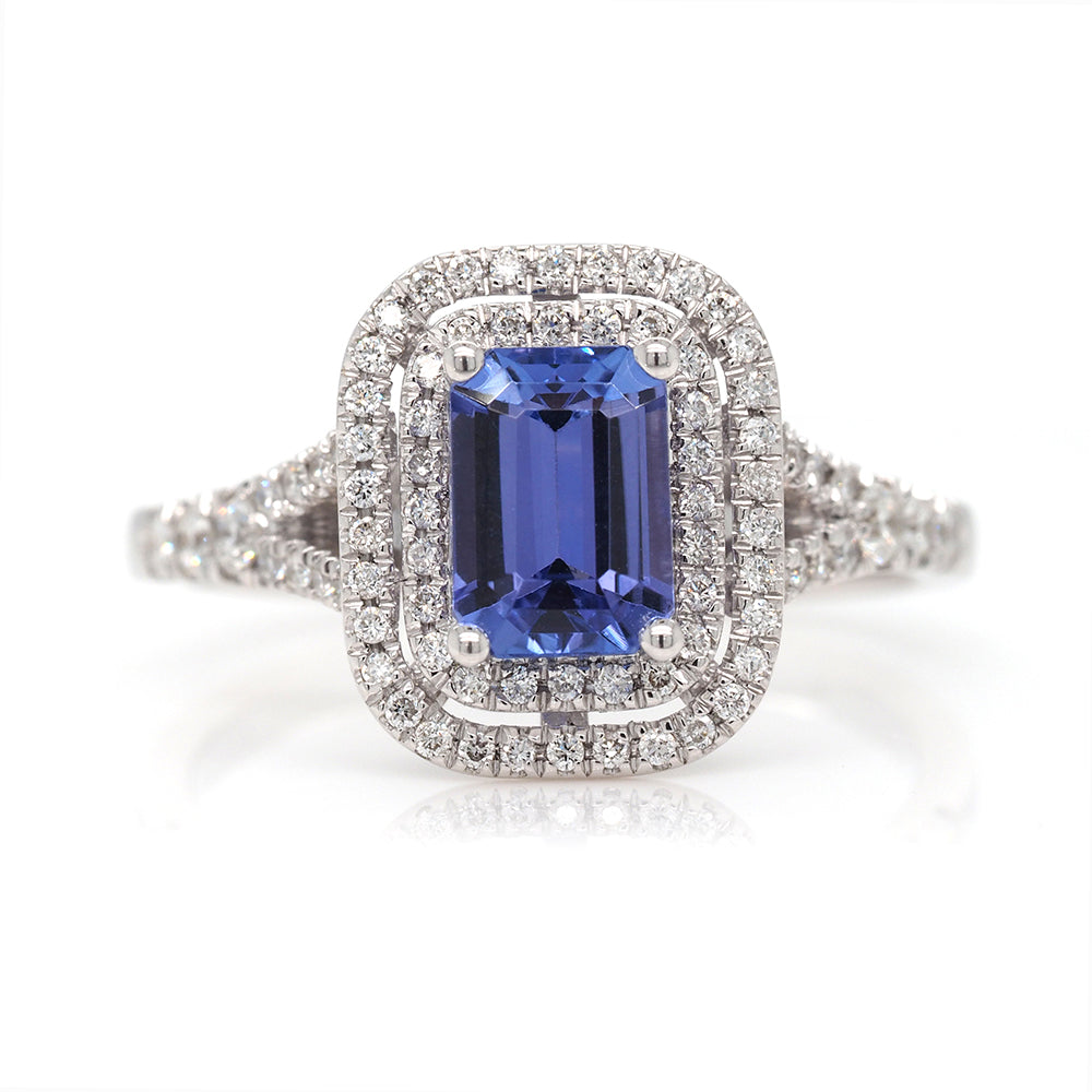 18ct White Gold Emerald Cut Tanzanite with Diamond Double Ha