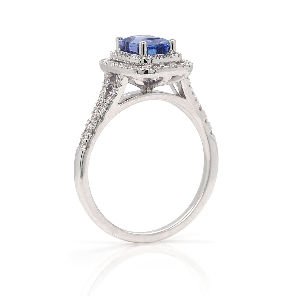 18ct White Gold Emerald Cut Tanzanite with Diamond Double Ha