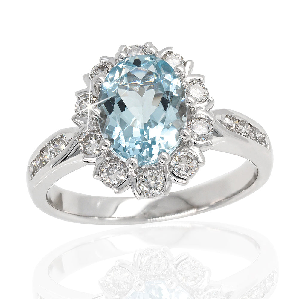 9ct White Gold Aquamarine & Diamond Halo Ring With Diamond S