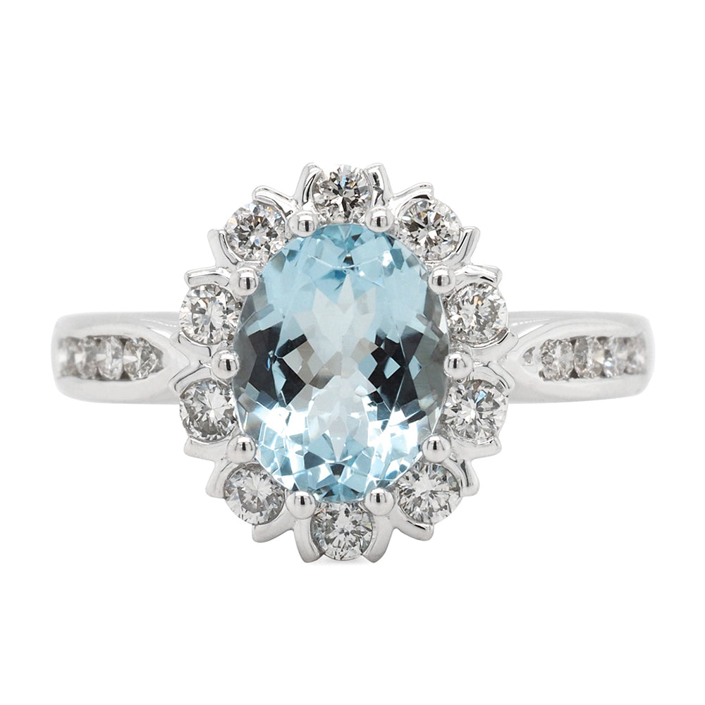 9ct White Gold Aquamarine & Diamond Halo Ring With Diamond S