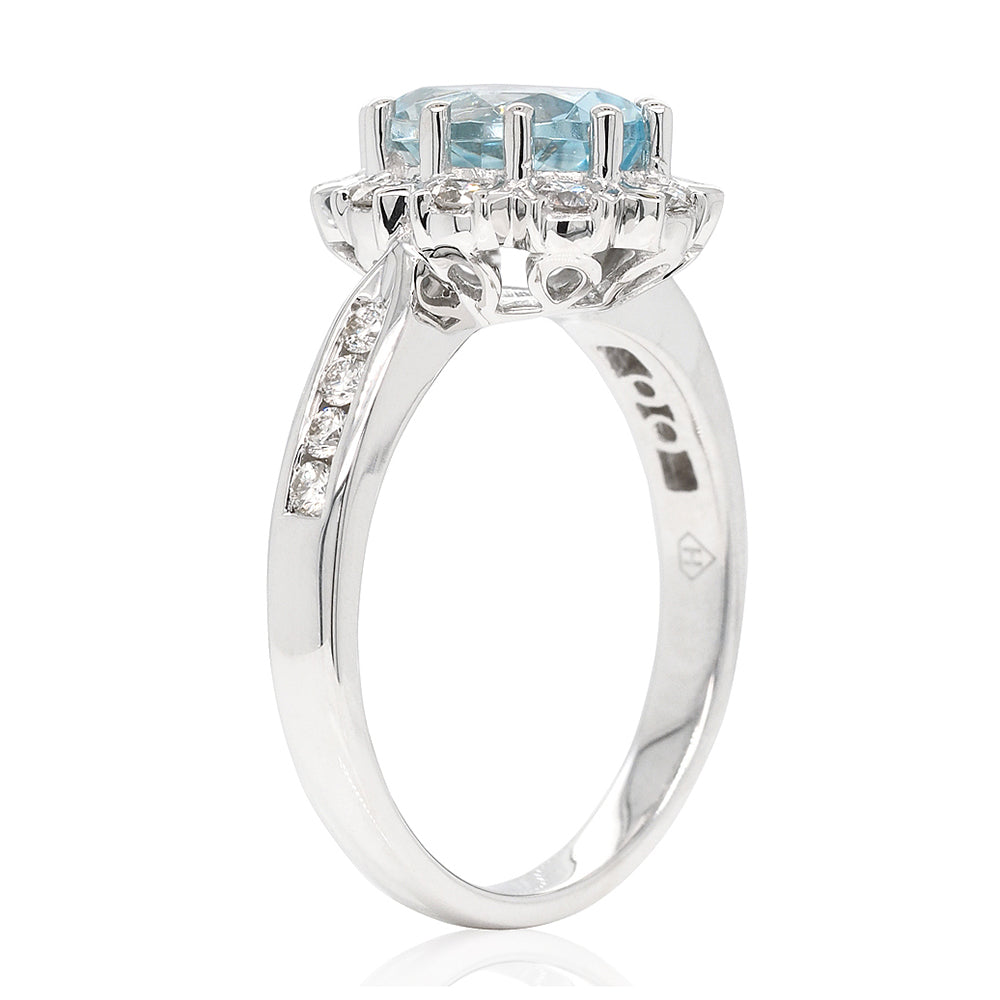 9ct White Gold Aquamarine & Diamond Halo Ring With Diamond S