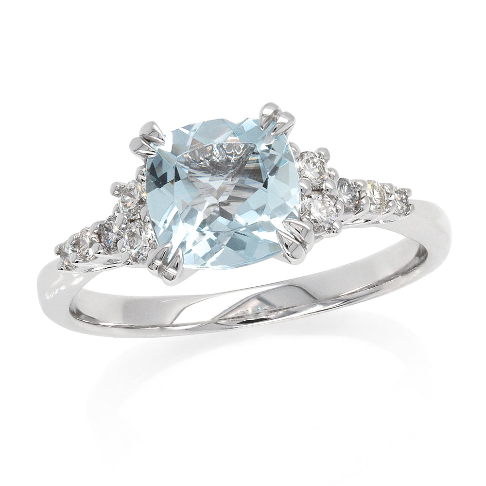 9ct White Gold Cushion Cut Aquamarine & Diamond Ring TDW: 0.