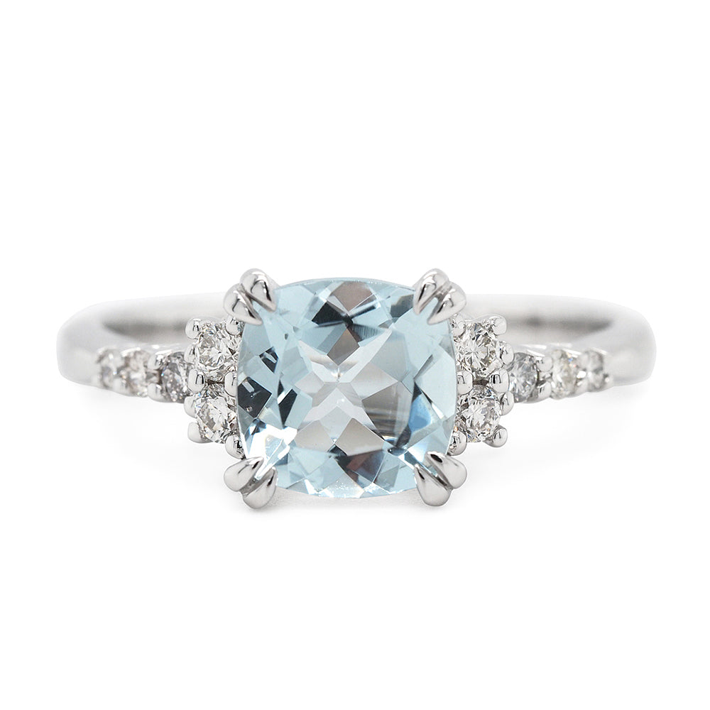 9ct White Gold Cushion Cut Aquamarine & Diamond Ring TDW: 0.