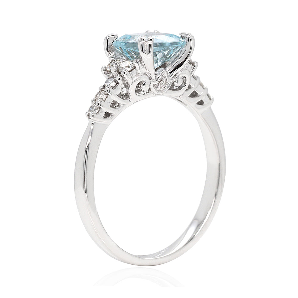 9ct White Gold Cushion Cut Aquamarine & Diamond Ring TDW: 0.