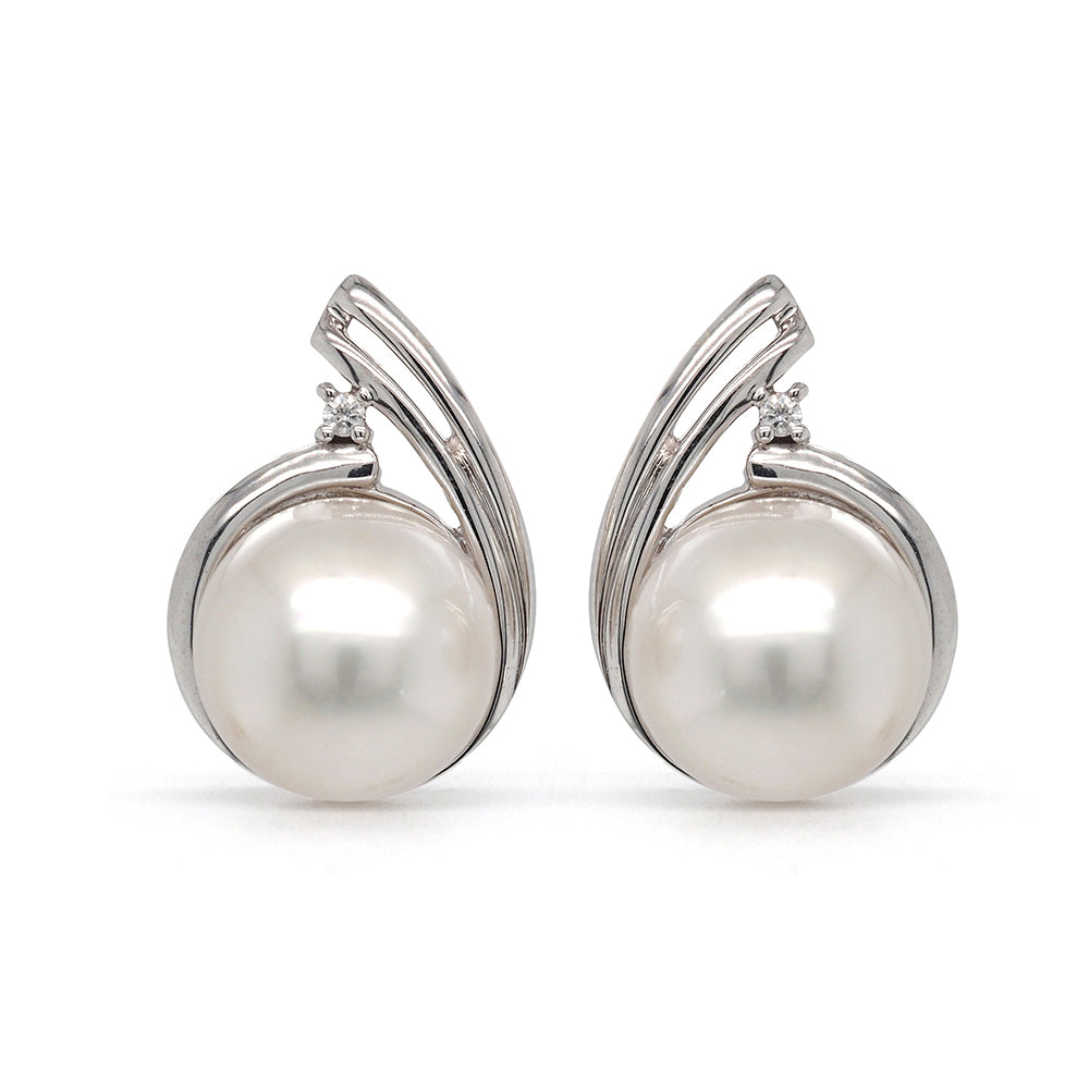 9ct White Gold South Sea Pearl & Diamond Set Stud Earrings