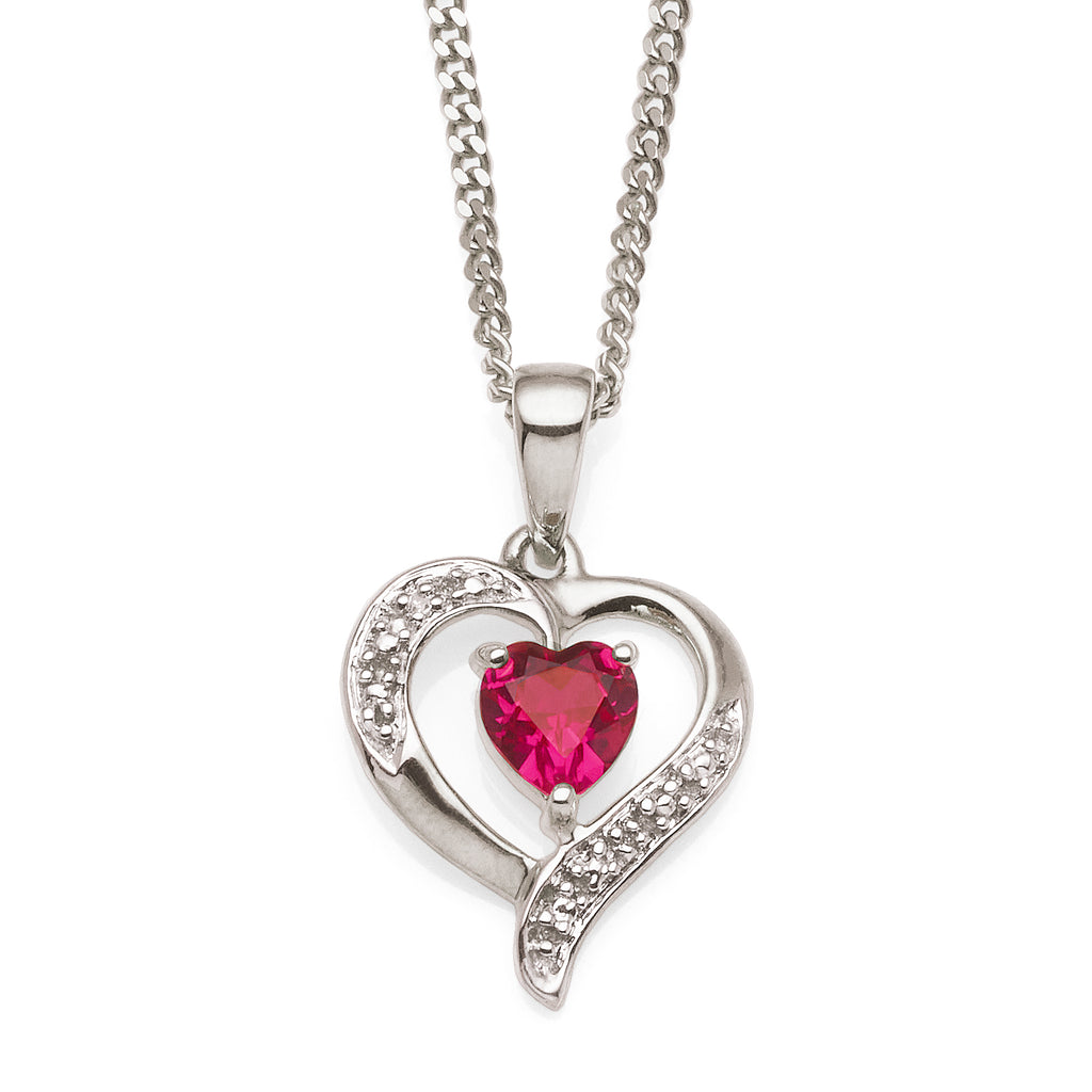 9ct White Gold Created Ruby & Diamond Heart Pendant