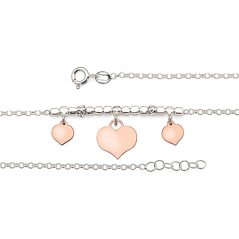 Sterling Silver Rose Tone Flat Hanging Heart Charm Bracelet